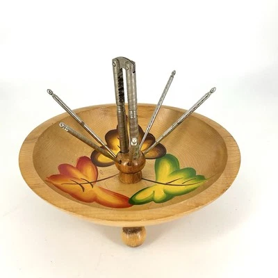Vintage Wood Nut Bowl Set Hand Painted Leaves With Nut Cracker and 6 Picks - Image 1 of 4