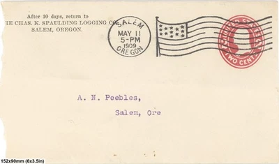 1909 Salem Oregon Flag Cancel Cover Spaulding Logging Co Two Cent Postal Station - Image 1 of 2