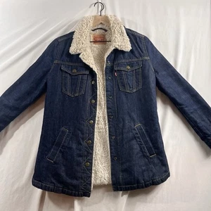 LEVIS Denim Sherpa Jacket Coat Dark Wash COTTON Zig Zag Women’s Size L Retired - Bild 1 von 19