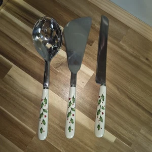 Lenox Holiday 3 Piece Server Utensil Set Spatula, Spoon, Knife Holly Christmas - Picture 1 of 5
