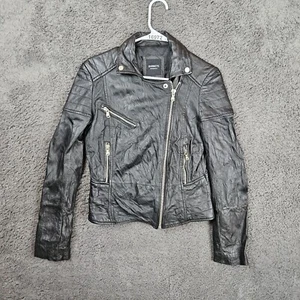 Womens BARNEYS ORIGINALS Black Sheep Leather Motorcycle Biker Jacket Sz 10 - Picture 1 of 10