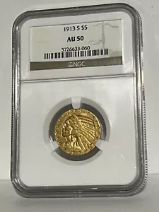 1913-S $5 Gold Indian Head Half Eagle - NGC AU50 - Rare San Francisco Mint Date - Picture 1 of 2