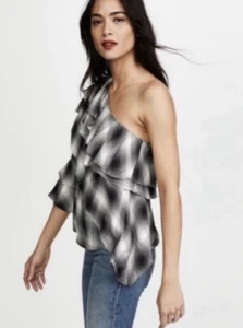 Alice Olivia Hilaria One Shoulder Bell Sleeve Tiered Asymmetrical Plaid Top XS - Picture 1 of 12