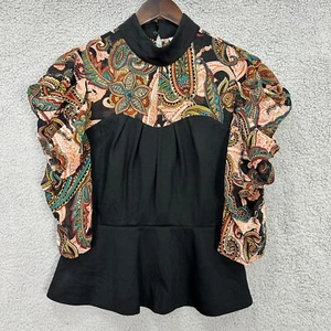 New York & Company Peplum Top Women Small High Neck Paisley Mesh Sleeve Boho Y2K - Picture 1 of 6