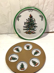 Vtg Round Xmas Metal Tin Litho Serving Tray 10.5” Christmas Tree w 6 Coasters - Picture 1 of 7