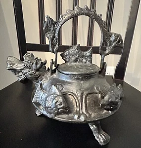 Antique Small Metal Chinese Dragon Teapot Black - Picture 1 of 11