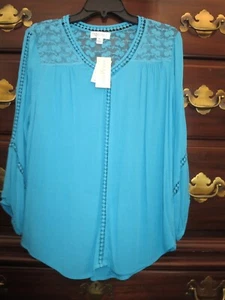 JPR Studio Größe PL TÜRKIS Bluse V-Ausschnitt durchsichtige Häkelstickerei Boho - Bild 1 von 10