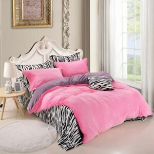 Zebra Stripe Fleece Warm Bedding Set Flannel Fleece Duvet Cover 4pcs Bedclothes