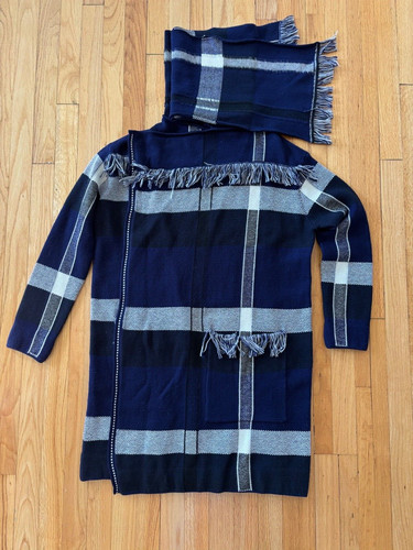 Tory Burch giacca donna blu navy quadri maglione gwen lana frange aperto davanti medio