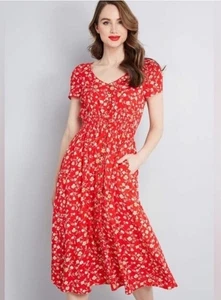 ModCloth Floral Red Midi Dress (with pockets!), size XL - Picture 1 of 10