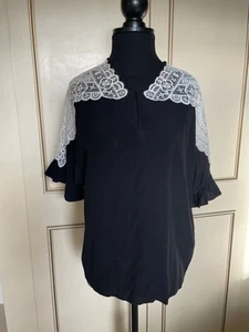 Sandro Top Blouse Black Short Sleeve Sheer Lace Panels size T1 UK 8/10 - Picture 1 of 11