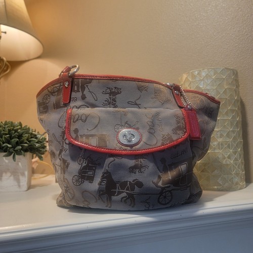 Borsa a tracolla Coach marrone tela bordo pelle carrozza chiusura girevole cerniera