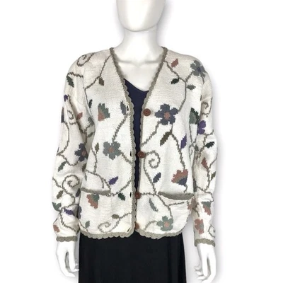 Cárdigan Tejido a Mano Nomadic Traders Blanco Azul Floral Cottagecore Suéter S/M Foto 1 de 4