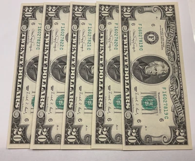 (5) 1990 $20 Twenty Dollar Bill Bills Sequence Sequential Numbers MINT CONDITION - Image 1 of 4