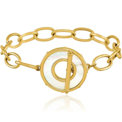 Brazalete de cadena de eslabones con cable ovalado disco madreperla de oro amarillo macizo de 14K Foto 1 de 4