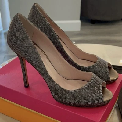 Kate Spade Women’s Size 9.5 Fine Bronze Silver Metallic Glitter Peep-toe Heels. - Image 1 of 4