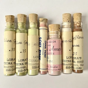7 Porcelain China Powder Paints Glass Vials Green Pink Brown Ivory Various - Picture 1 of 21