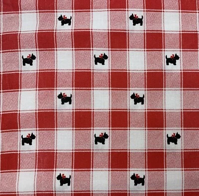 Vintage Scottie Dogs Fabric Cotton Check Plaid Red White Marcus Brothers Flawed - Image 1 of 4