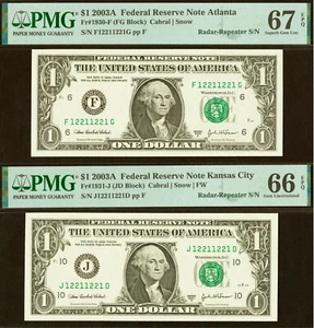 2003A $1 Federal Reserve Note PMG 67EPQ - 2 Matching Radar Repeater - 12211221 - Picture 1 of 5