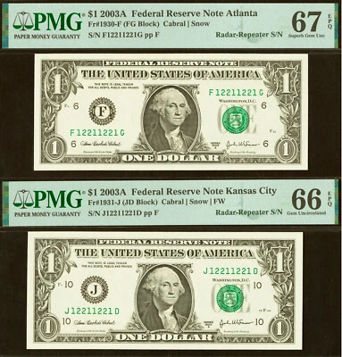 2003A $1 Federal Reserve Note PMG 67EPQ - 2 Matching Radar Repeater - 12211221 - Image 1 of 4