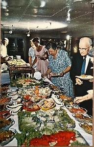 Ohio Delta Queen River Steam Ship Interior People at Buffet Table Postcard c1960 - Picture 1 of 6