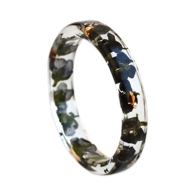 Thin Resin Ring With Pressed Black Flowers and Gold Flakes, Nature Inspired Band - Image 1 of 4