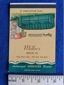 Vintage Mercer Pennsylvania Millers KROEHLER Möbel Streichholzhülle Verkäufer Muster - Bild 1 von 2