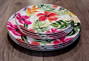 Set of 8 Melamine (4) Dinner & (4) Snack Plates Tropical Palms & Red Hibiscus