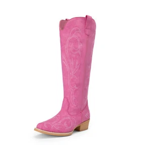 Women Cowboy Cowgirls Western Boots Low Chunky Heel Side Zipper Knee High Boots - Picture 1 of 47