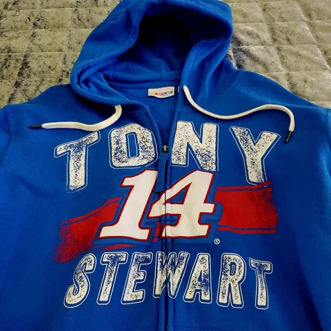TONY STEWART #14 NASCAR Race Car Driver Blue Pullover Fleece Hoodie~Sz XL~Racing Cover