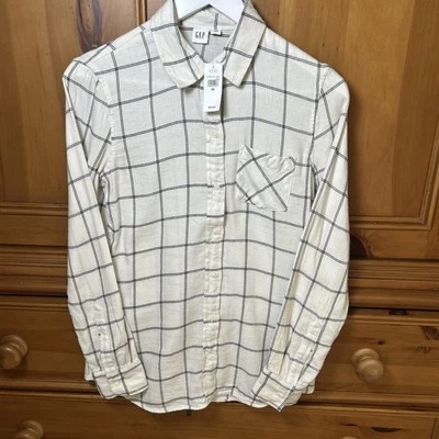 Camisa Gap feminina tamanho XS janela xadrez flanela branca botão para cima minimalista nova com etiquetas - Imagem 1 de 4