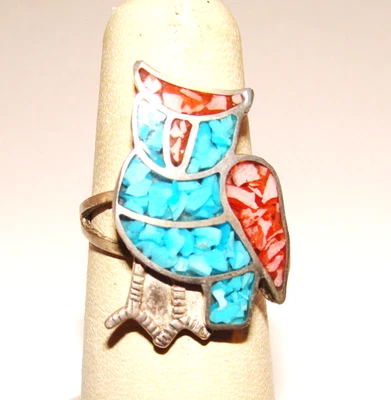 Southwestern Sterling Silver Inlay Crushed Turquoise Coral Owl Ring SZ 5.25 - Image 1 of 4