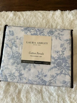 Laura Ashley Twin  Sheet Set Cotton Percale Blue Floral 3 Piece Set  NEW - Image 1 of 4
