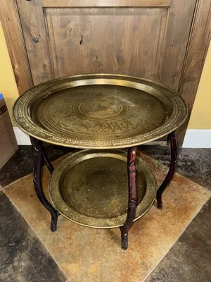 Mid Century 2 Tier 26" Brass Tray Table Folding Wood Stand Chinese Asian Boho - Image 1 of 4
