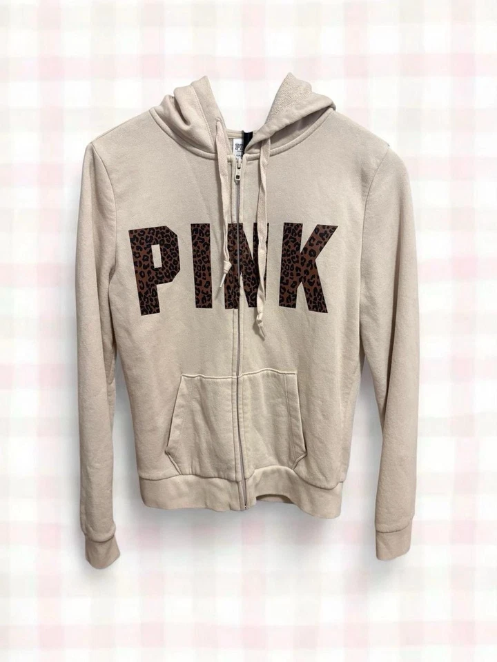 Sudadera con capucha rosa para mujer con estampado de leopardo crema, talla pequeña Foto 1 de 4