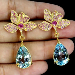 925 Sterling Silver Earrings Pear Swiss Blue Topaz 15x10mm Ruby Gemstone Jewelry - Picture 1 of 13