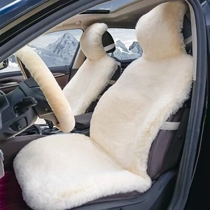 Faux Sheepskin Wool Fur SUV Truck Car Seat Cushion + Fuzzy Steering Wheel Covers - Picture 1 of 16