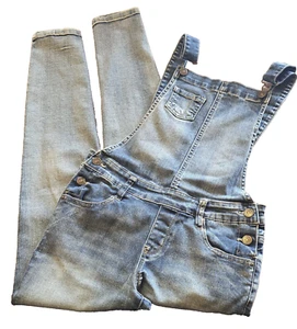 Girls Small WALLFLOWER ECO Bib Overall Distressed Jeans Straight Back Straps - Picture 1 of 6