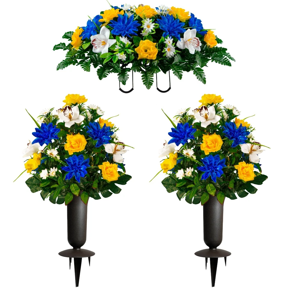 Artificial Arrangement - Blue Dahlia & Yellow Roses w/ White Orchid - Image 1 of 1