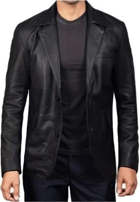 Men's Genuine Soft Lambskin Black Leather Blazer Two Button Casual/Formal Coat - Image 1 of 4