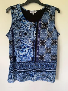 NONI B SCOOP NECK LINED MESH BLUE VINTAGE PAISLEY PRINT TANK TOP SIZE XL 16 AU - Picture 1 of 2