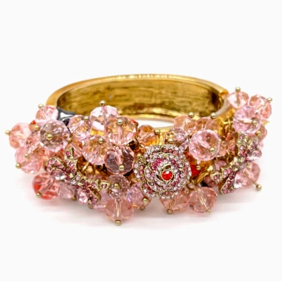 Retired Betsey Johnson Rose And Bows Pink Cluster Crystal Bangle Hinged Bracelet - Image 1 of 4