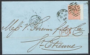 1864 Entire London to St Etienne 4d Red RL London '91' Duplex 'PD' Cat. £300.00 - Picture 1 of 2