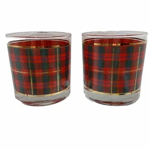 Plaid Lowball Glasses Scottish Print X2 Red Green Gold 3.5” Glass Lot Of 2 - Picture 1 of 8