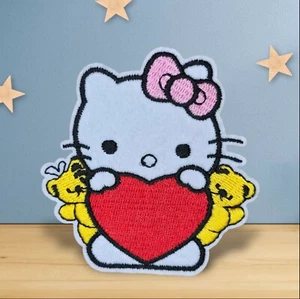 HELLO KITTY RED HEART AND YELLOW BEARS CARTOON CHARACTER IRON ON PATCH - Picture 1 of 2