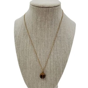 Tigers Eye Pendant 10K Brown Chain Gold Tone Round Dainty NS Nickel Silver - Picture 1 of 8