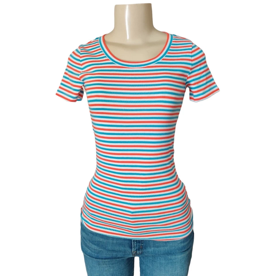 J.Crew- 100 cotton fit s/s striped tee crewneck orange/blue/white  L