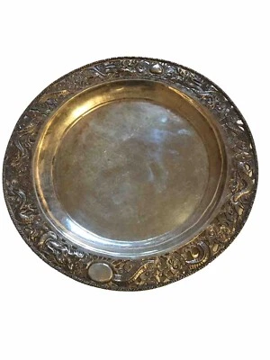 Antique Vtg  Chinese Wang Hing  .900 Silver Dragon  Plate Footed Tray  Dragons - Image 1 of 4