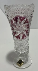 VTG Bleikristall 6.75” Footed Sawtooth Cranberry Pinwheel 24% Lead Crystal Vase - Picture 1 of 11
