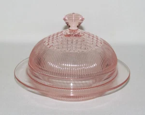 Jeannette Glass HOMESPUN Pink Round Butter Dish with Cover - Picture 1 of 3